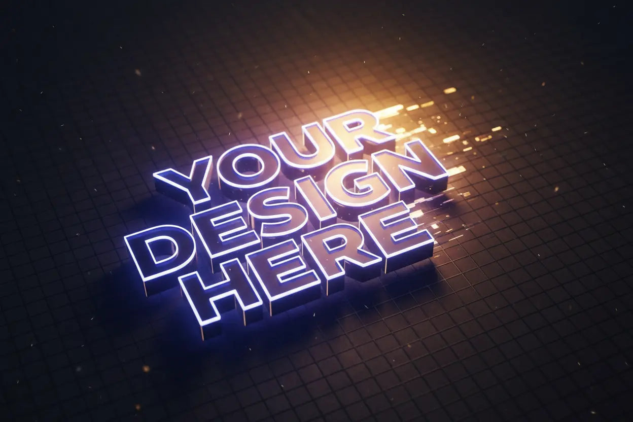 three dimensional effect of the words popping off the page, backlit glow, "YOUR DESIGN HERE"